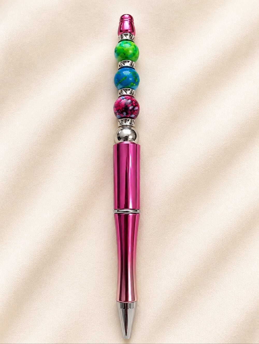 Pink Beaded Click Pen with Multicolor Accent Beads